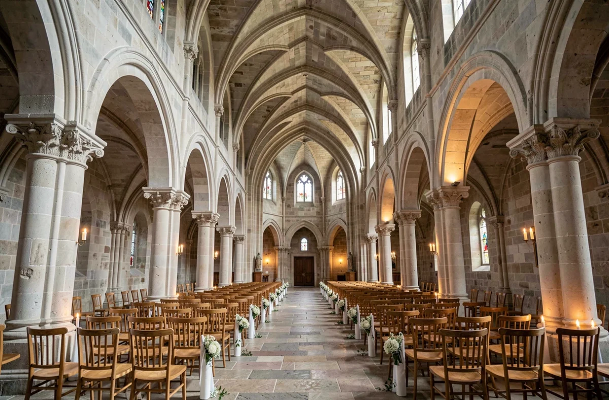 Intérieur de l'Abbaye aux Dames - La Cité Musicale à Saintes avec cloître roman et salle de cérémonie de mariage décorée