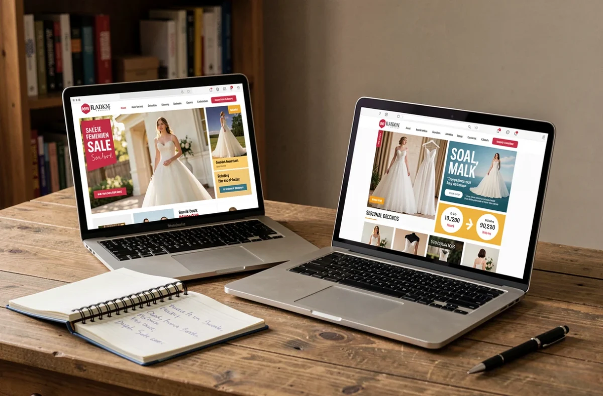 Ordinateur portable et tablette affichant un site de vente de robes de mariée en solde avec des notes de budget sur un bureau en bois