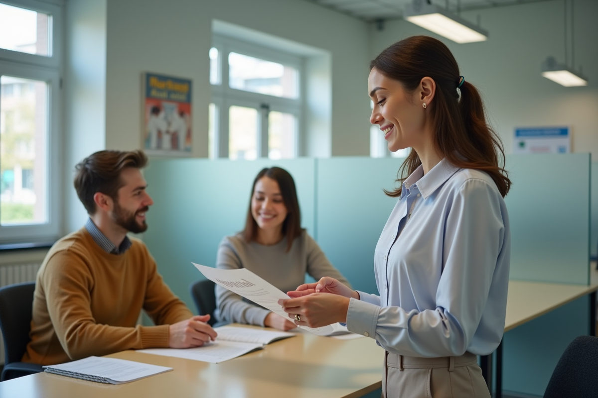 Assistante sociale offrant brochure à un couple dans un bureau
