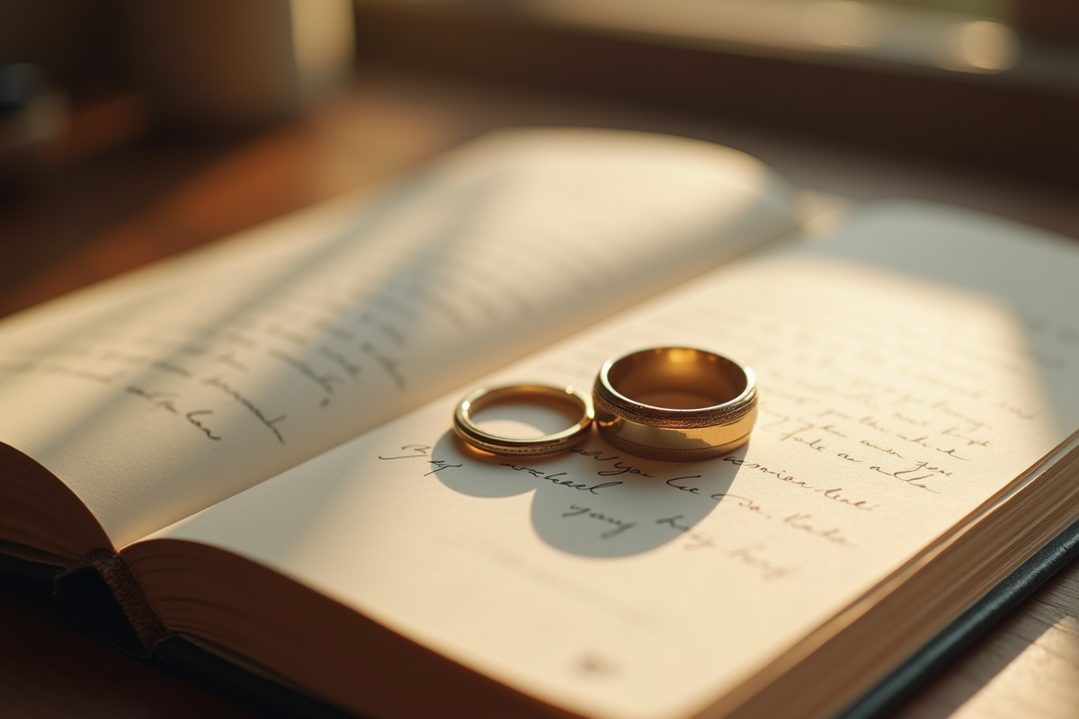 Alliances de mariage sur un livre avec note d
