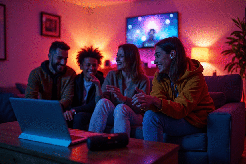 Groupe d'amis dans un salon chaleureux en soirée avec musique