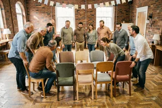 Groupe d'adultes jouant à la chaise musicale lors d'une animation de soirée dans une salle communautaire décorée