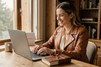 Femme célébrant ses 2 ans de mariage à distance via appel vidéo avec cadeau en cuir sur bureau en bois