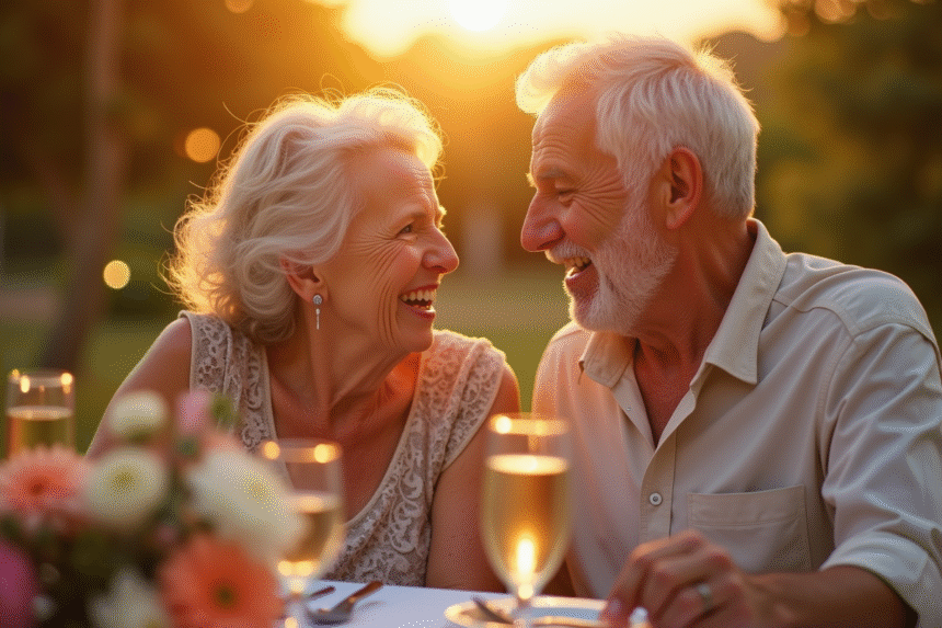 Couple agee celebrant 45 ans de mariage en plein air