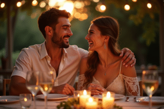 Jeune couple célébrant leur premier anniversaire lors d'un dîner aux chandelles en extérieur
