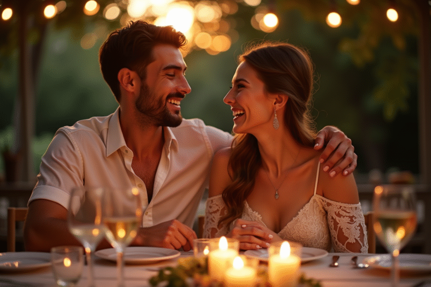 Jeune couple célébrant leur premier anniversaire lors d'un dîner aux chandelles en extérieur