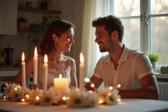 Couple célébrant leur anniversaire de mariage à la maison