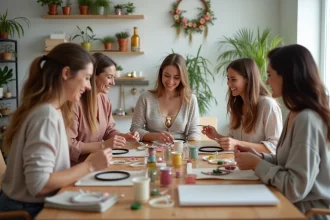 Groupe de femmes riant ensemble autour d'une table d'atelier créatif lors d'un EVJF à la maison