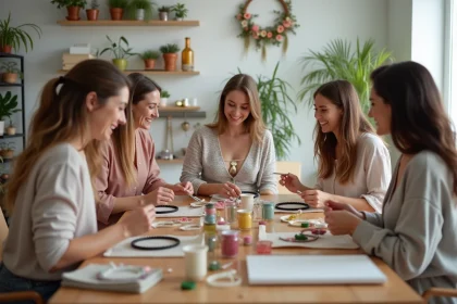 Groupe de femmes riant ensemble autour d'une table d'atelier créatif lors d'un EVJF à la maison