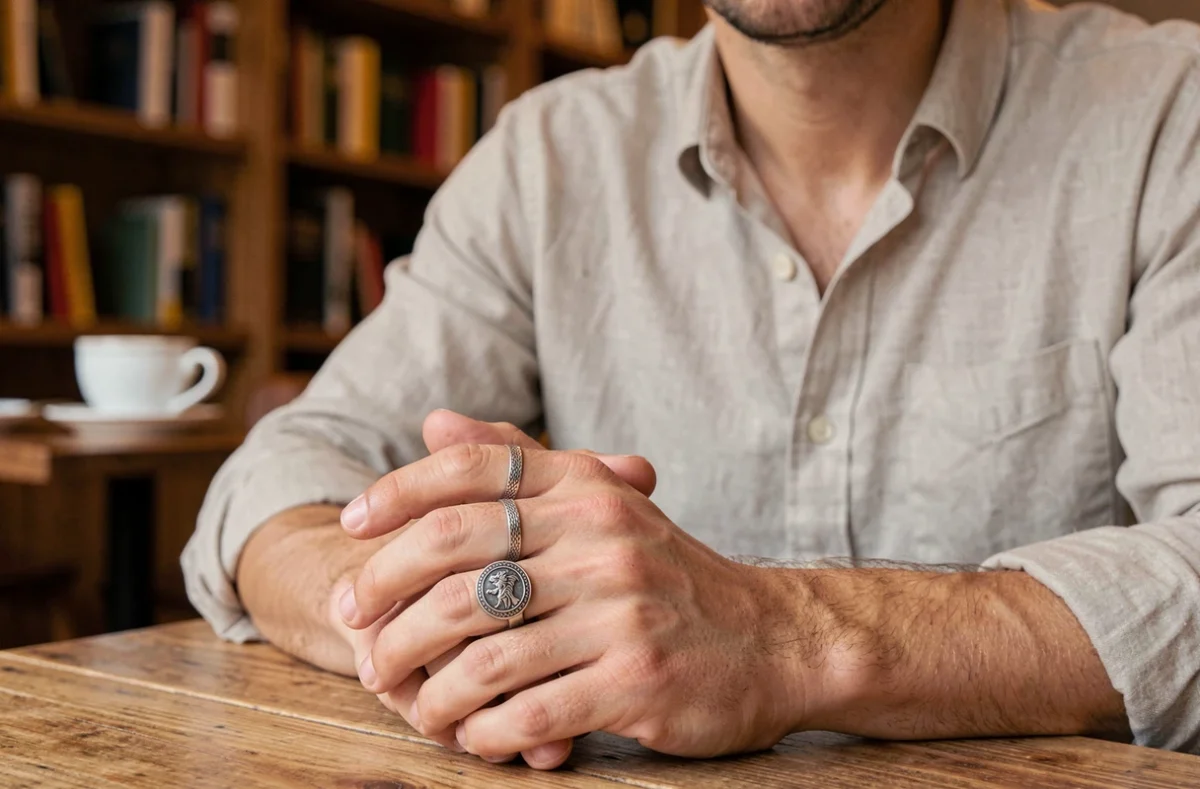Homme portant une chevalière en argent à l'auriculaire et une bague au majeur, mains posées sur une table en bois dans un café