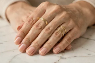 Mains de femme ornées de bagues en or sur plusieurs doigts dont le pouce, l'index et l'annulaire, posées sur du marbre blanc
