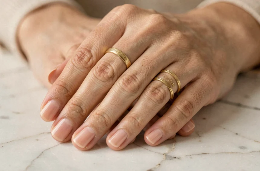 Mains de femme ornées de bagues en or sur plusieurs doigts dont le pouce, l'index et l'annulaire, posées sur du marbre blanc