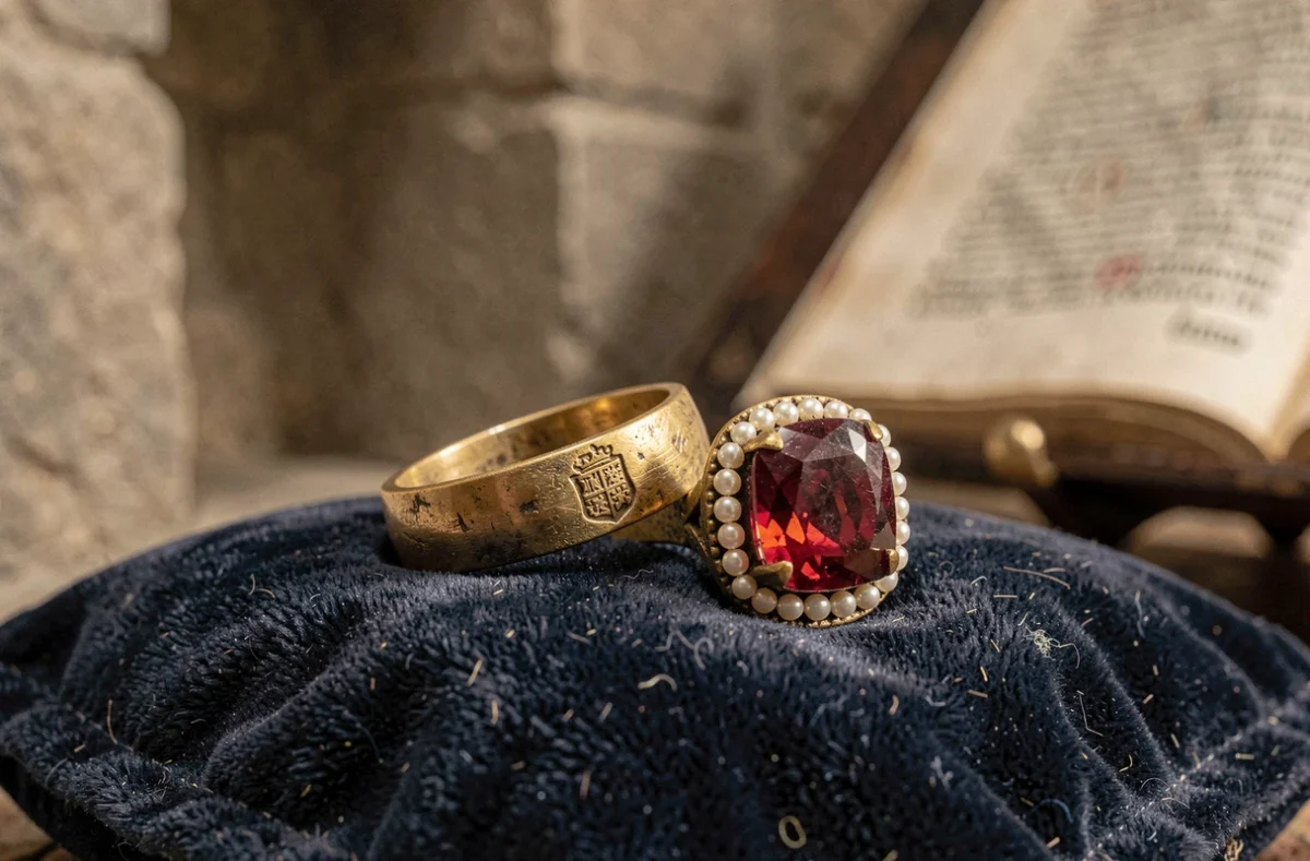 Deux anneaux Tudor en or sur un coussin de velours bleu marine, dont une bague ornée d'un rubis table et de perles, symbolisant les mariages de Catherine Parr du XVIe siècle