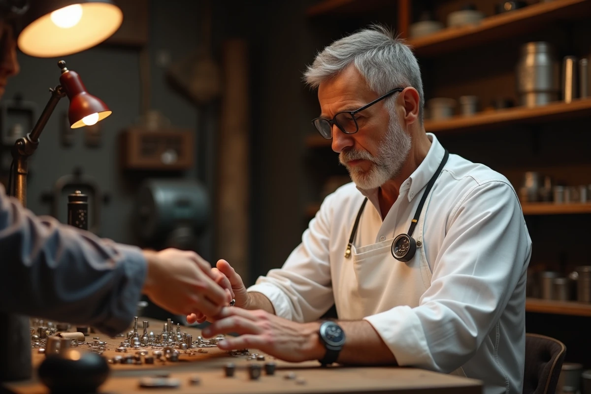 Bijoutier artisan mesurant la taille du doigt d'un client avec des calibres métalliques dans un atelier de joaillerie traditionnel