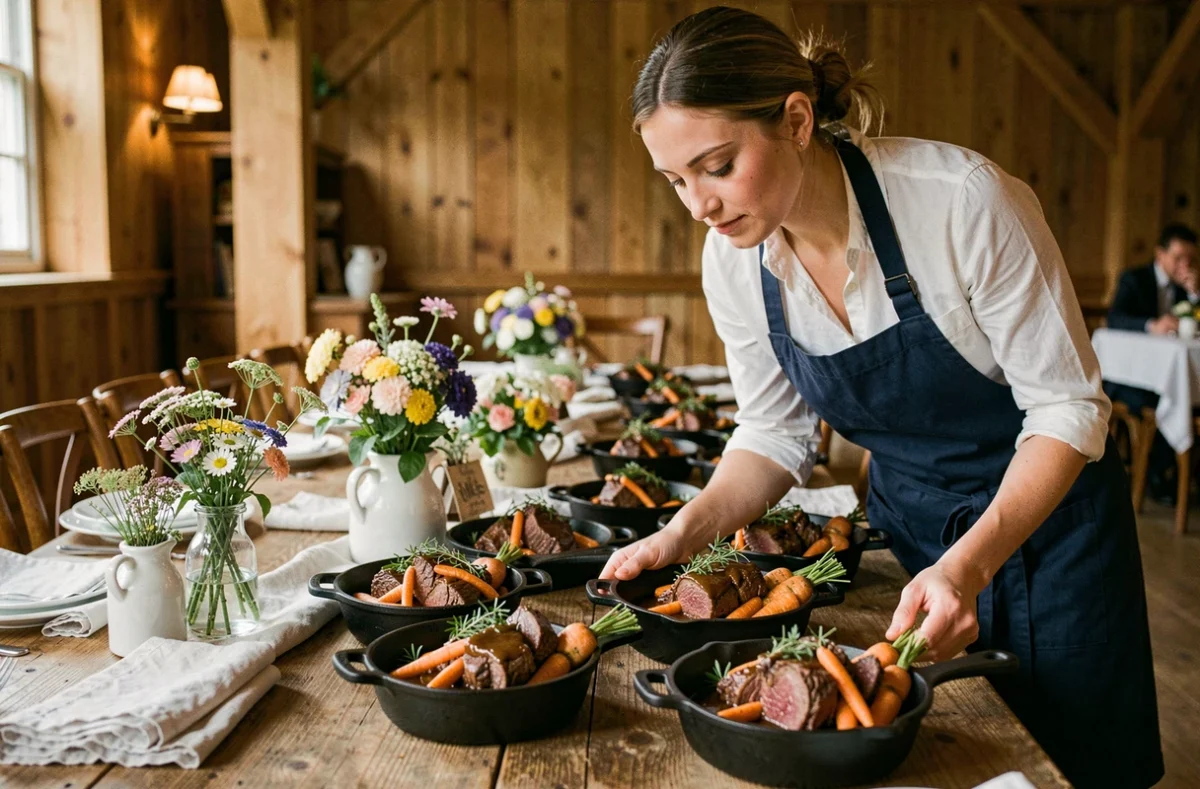 Présentation du plat signature de boeuf braisé du traiteur Boeuf Carottes pour un mariage rustique