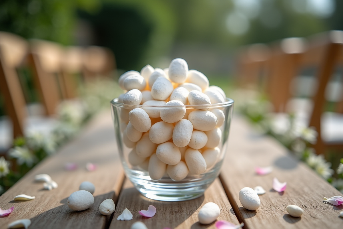 Bonbonnière en verre avec amandes colorées sur table en plein air