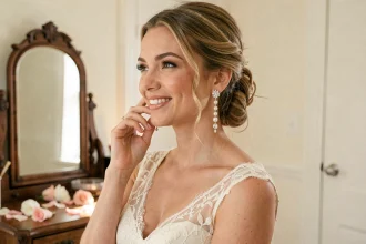 Mariée touchant sa boucle d'oreille pendante en perles et cristaux devant un miroir vintage dans une loge nuptiale