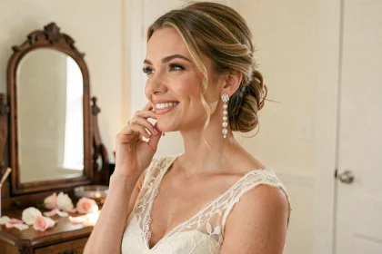 Mariée touchant sa boucle d'oreille pendante en perles et cristaux devant un miroir vintage dans une loge nuptiale