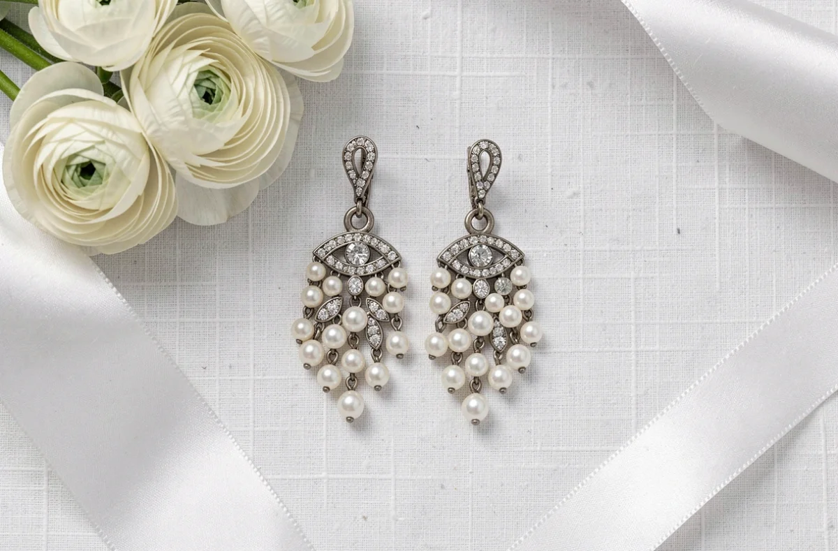 Gros plan de boucles d'oreilles pendantes chandelier en perles et strass posées sur du lin blanc avec des fleurs de mariage