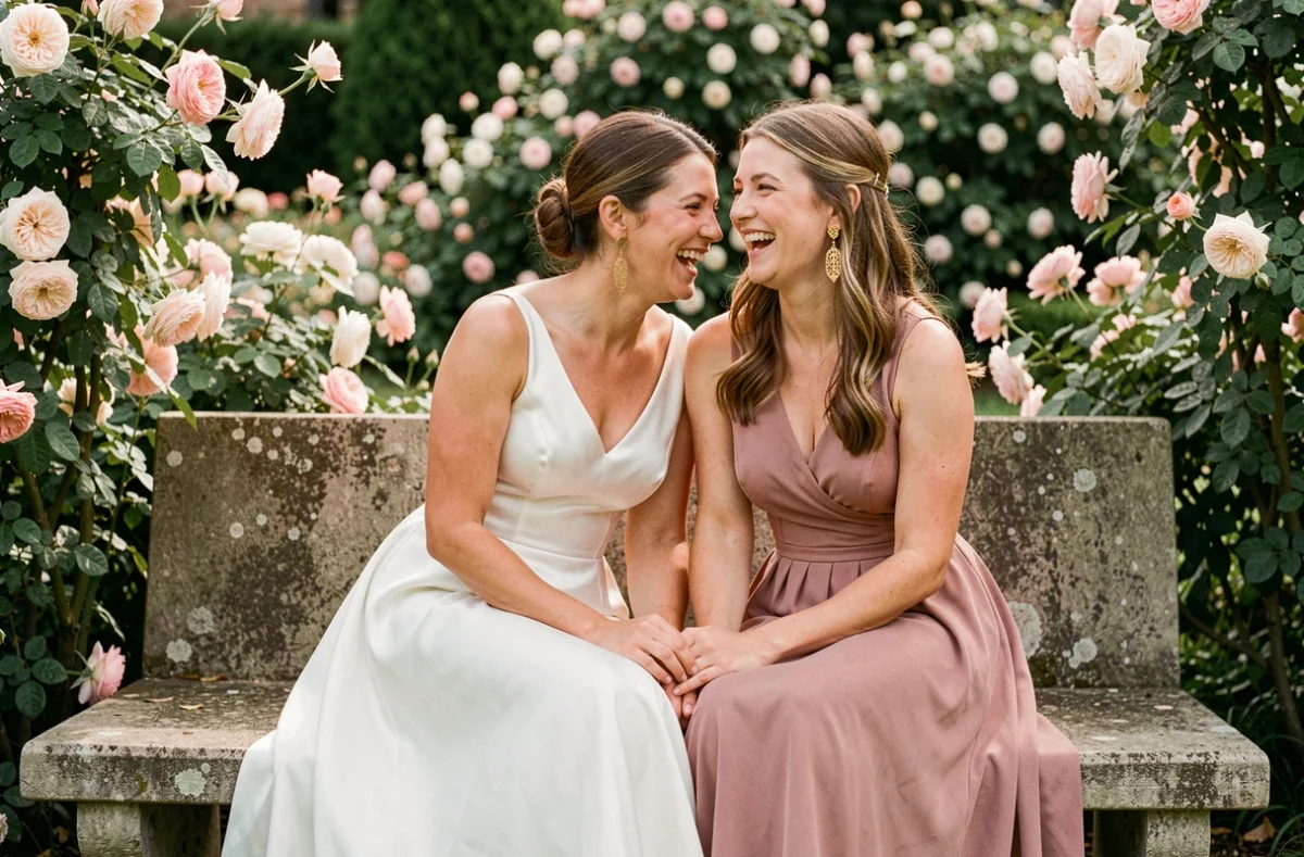Mariée et demoiselle d'honneur portant des boucles d'oreilles dorées pendantes assis dans un jardin fleuri lors d'un mariage