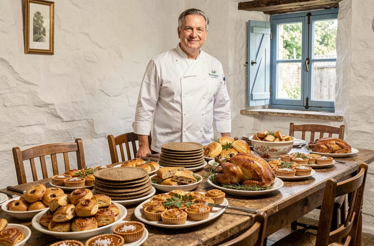 Table de mariage bretonne traditionnelle de Bretagne Traiteur avec galettes, kouign-amann et rôti de campagne