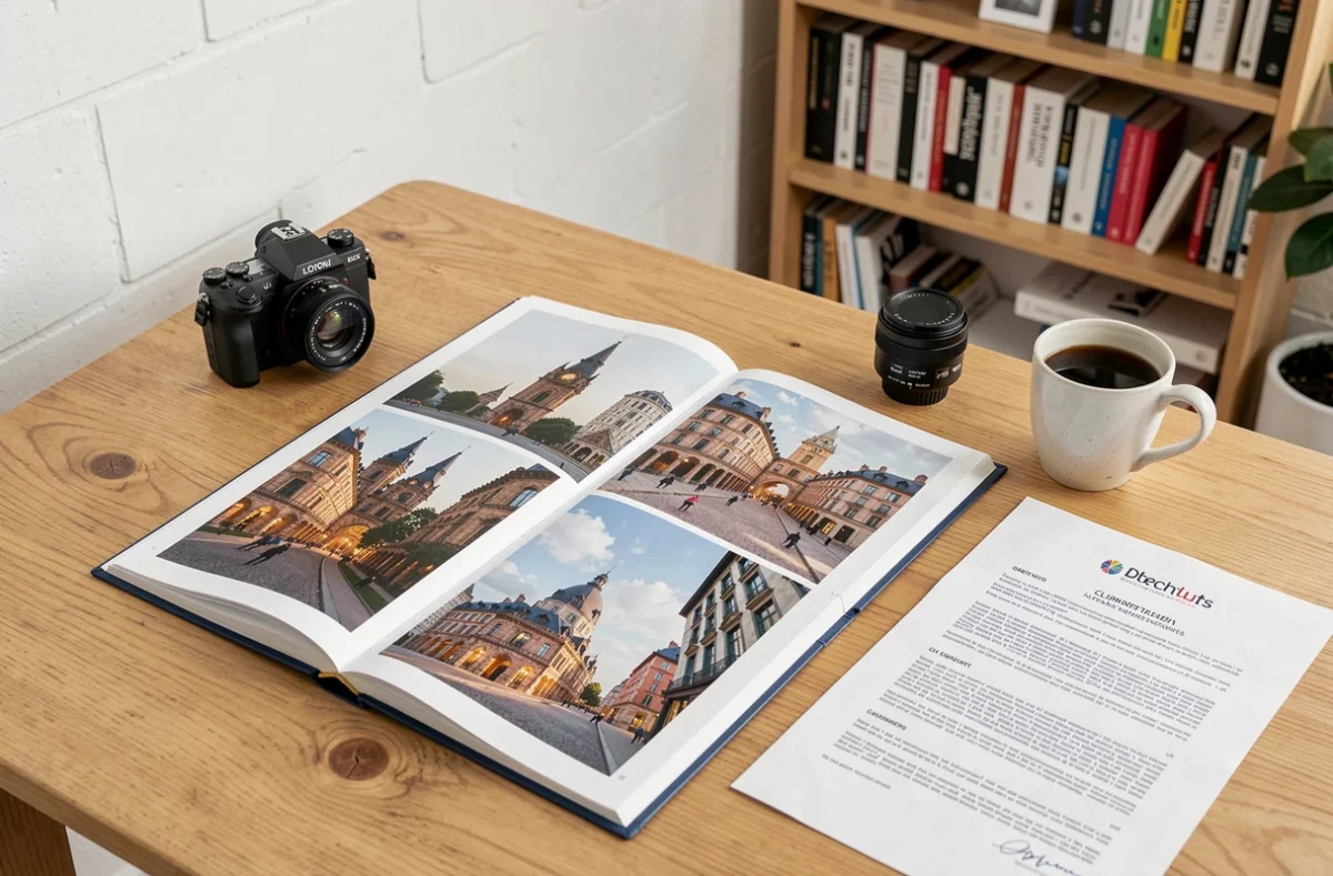 Bureau de photographe d'architecture à Lyon avec portfolio de photos d'immeubles, appareil photo et contrat client sur une table en bois