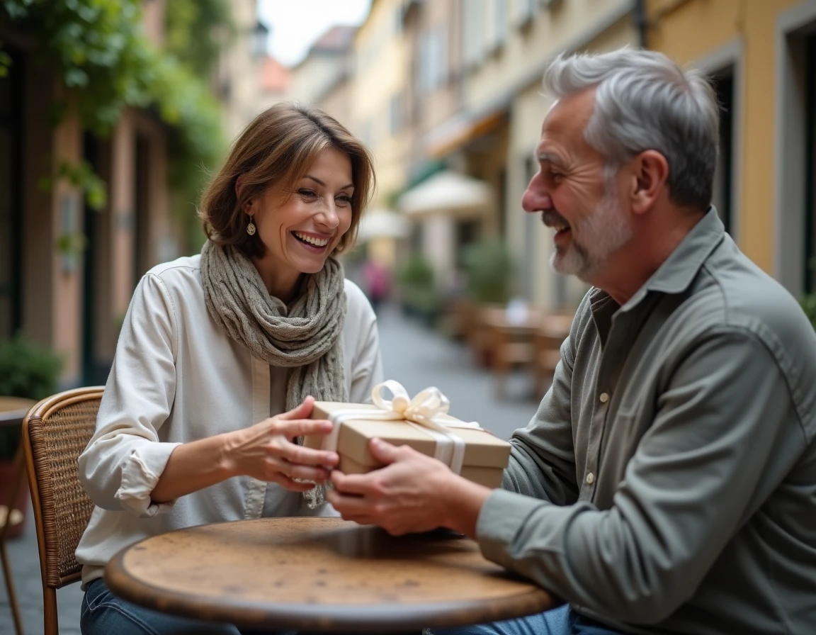 Homme offrant un cadeau avec un ruban en mousseline à sa compagne attablée en terrasse de café pour leurs 36 ans de mariage