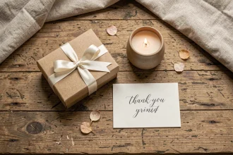 Cadeaux témoins mariage pas chers présentés en flat lay sur table en bois : boîte kraft personnalisée, bougie artisanale et carte calligraphiée