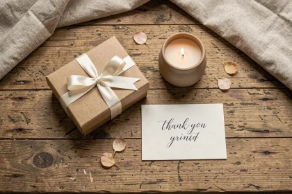 Cadeaux témoins mariage pas chers présentés en flat lay sur table en bois : boîte kraft personnalisée, bougie artisanale et carte calligraphiée