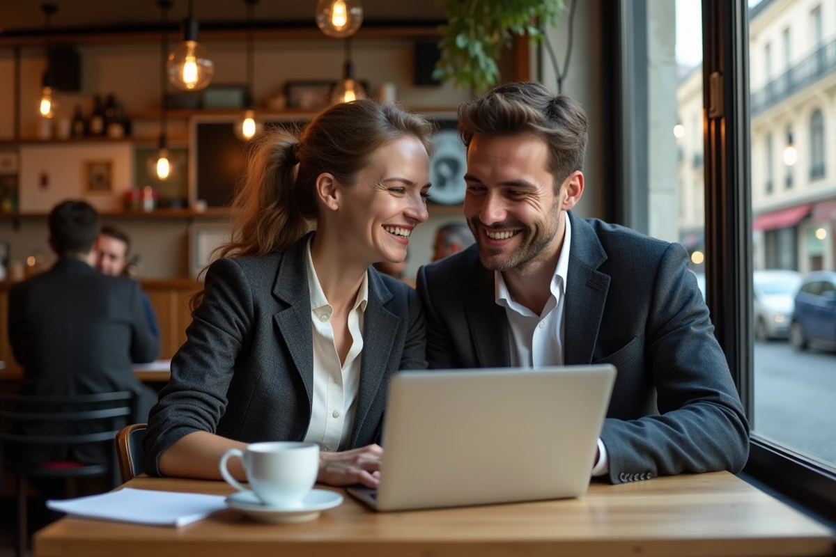 Une femme et un homme discutant dans un café parisien