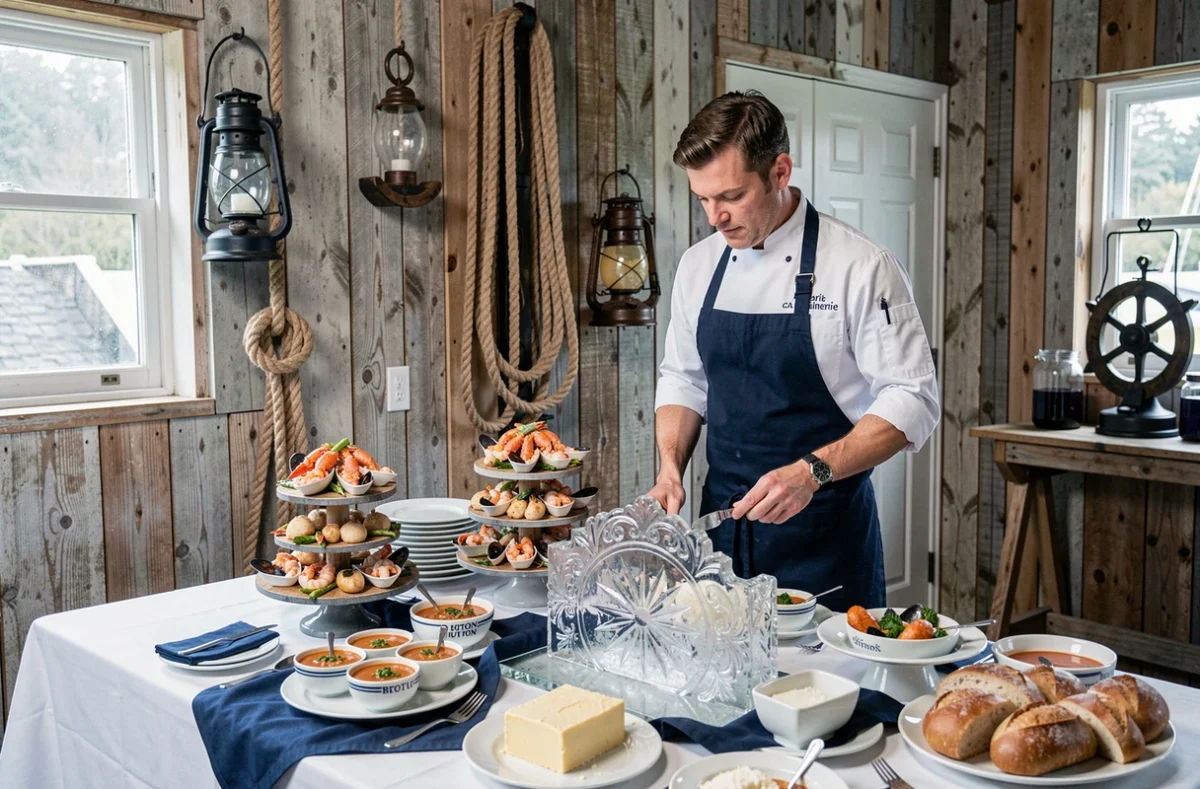 Buffet mariage nautique de La Capitainerie avec tour de fruits de mer dans un cadre portuaire breton
