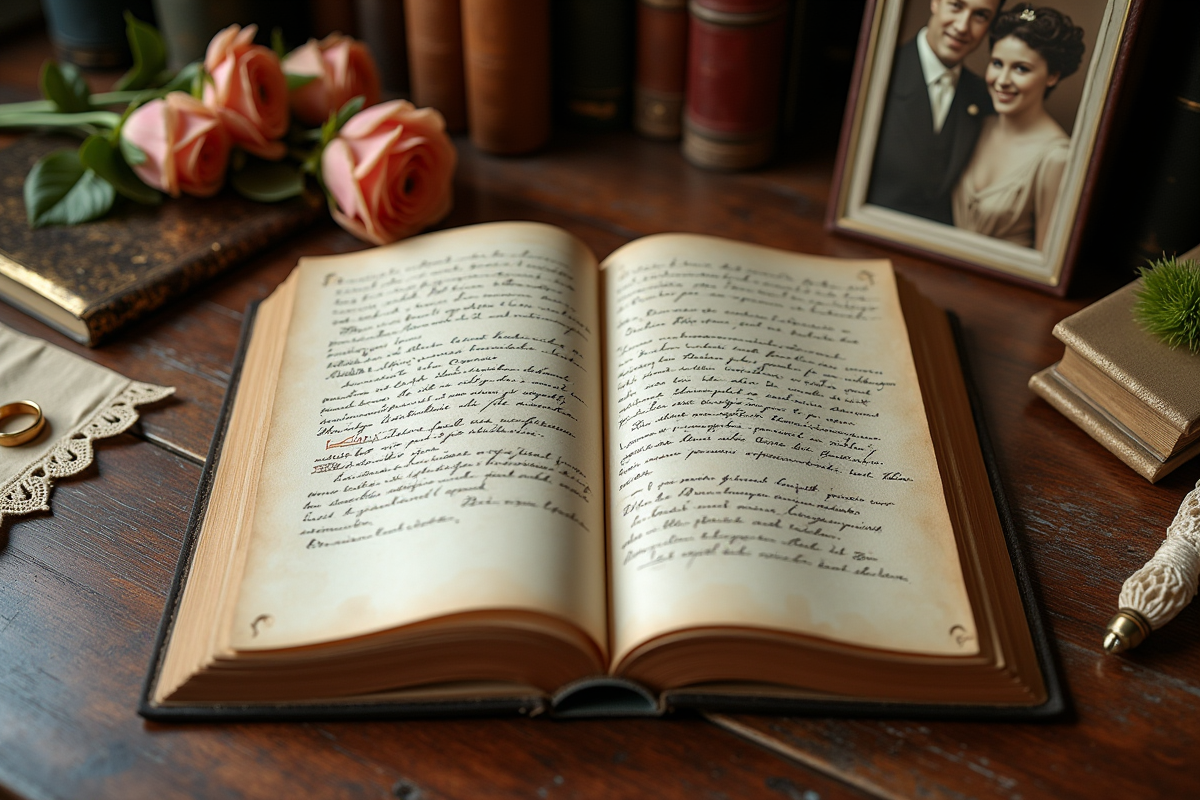 Carnet ancien avec souvenirs de lune de miel et photos