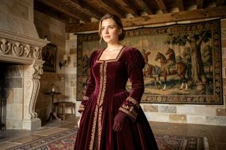 Portrait d'une femme vêtue d'une robe Tudor en velours bordeaux brodé d'or dans une grande salle en pierre médiévale, évoquant Catherine Parr et la cour royale anglaise du XVIe siècle