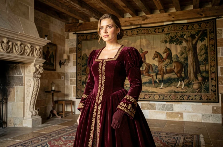 Portrait d'une femme vêtue d'une robe Tudor en velours bordeaux brodé d'or dans une grande salle en pierre médiévale, évoquant Catherine Parr et la cour royale anglaise du XVIe siècle