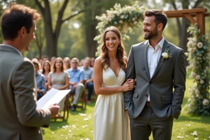 Couple lors d'une cérémonie de mariage laïque en plein air avec célébrant tenant un livret de discours personnalisé