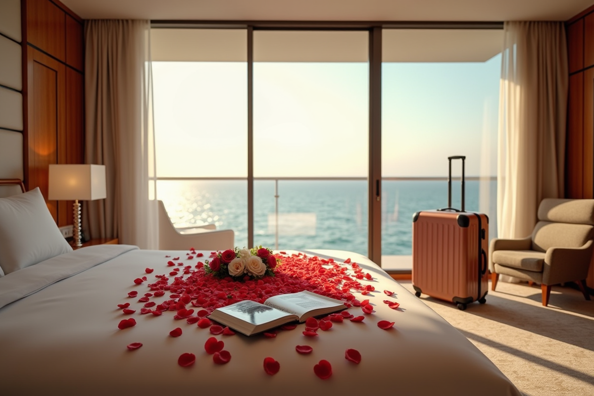 Chambre d hotel avec lit de roses et vue sur l ocean pour lune de miel