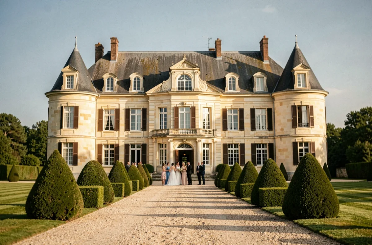 Façade du Château de Buzay en Charente-Maritime avec allée de gravier et invités de mariage en tenue formelle