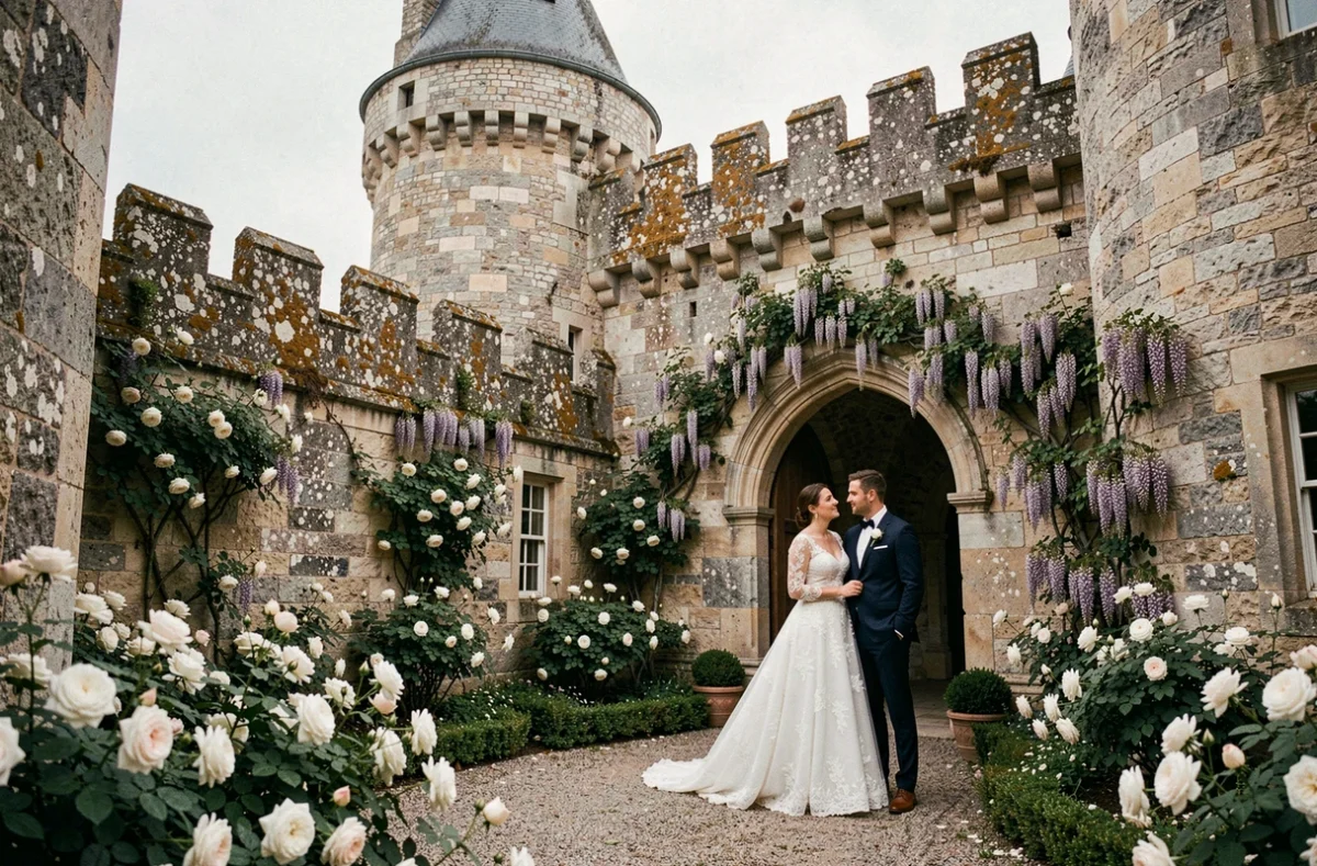 Château de Feusse avec couple de mariés devant une porte en arc de pierre entourée de roses blanches et de glycine