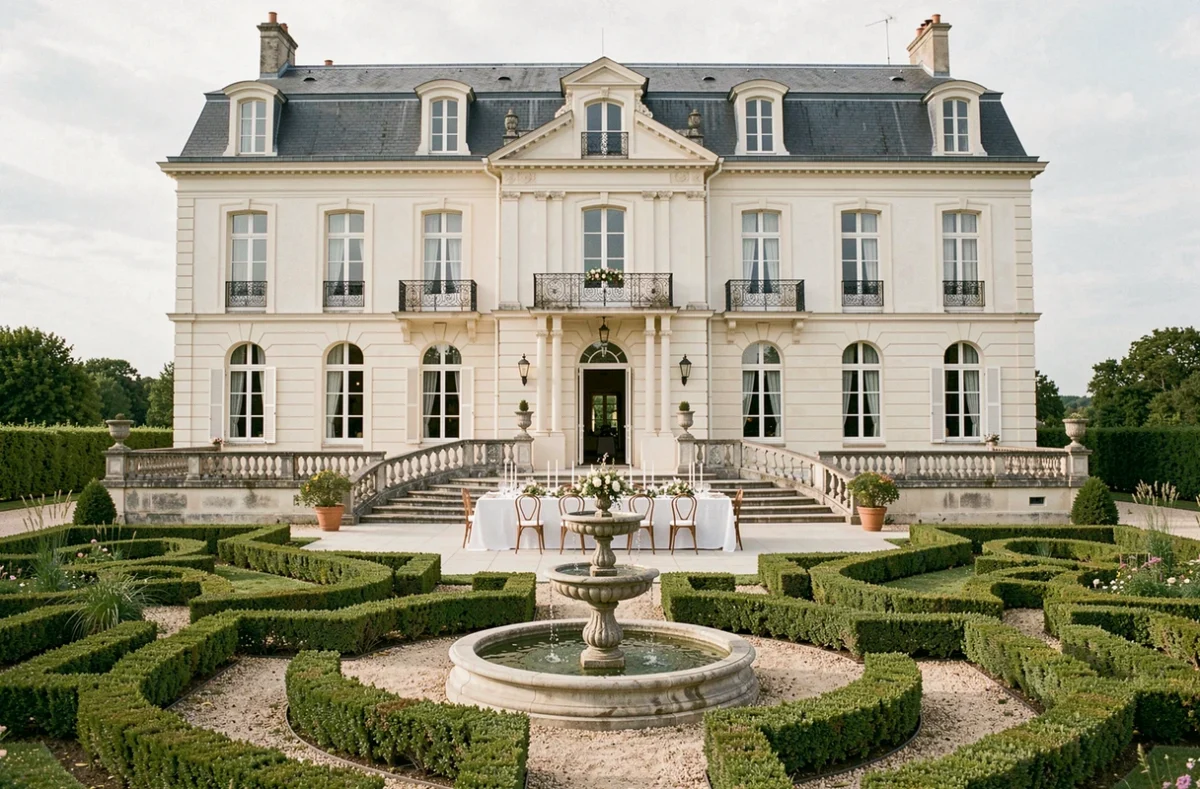 Château de Théon en Charente-Maritime avec terrasse de réception de mariage et jardin à la française avec fontaine en pierre
