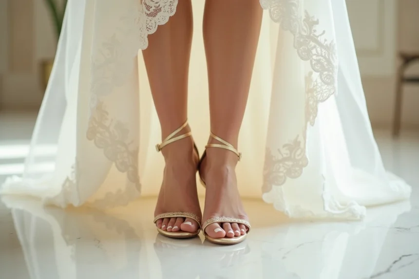 Chaussures de mariée dorées à brides portées sur marbre blanc lors d'un mariage civil