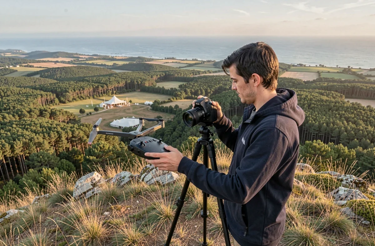 Opérateur clapstudio combinant drone et photo lors d'un mariage aérien en Nouvelle-Aquitaine