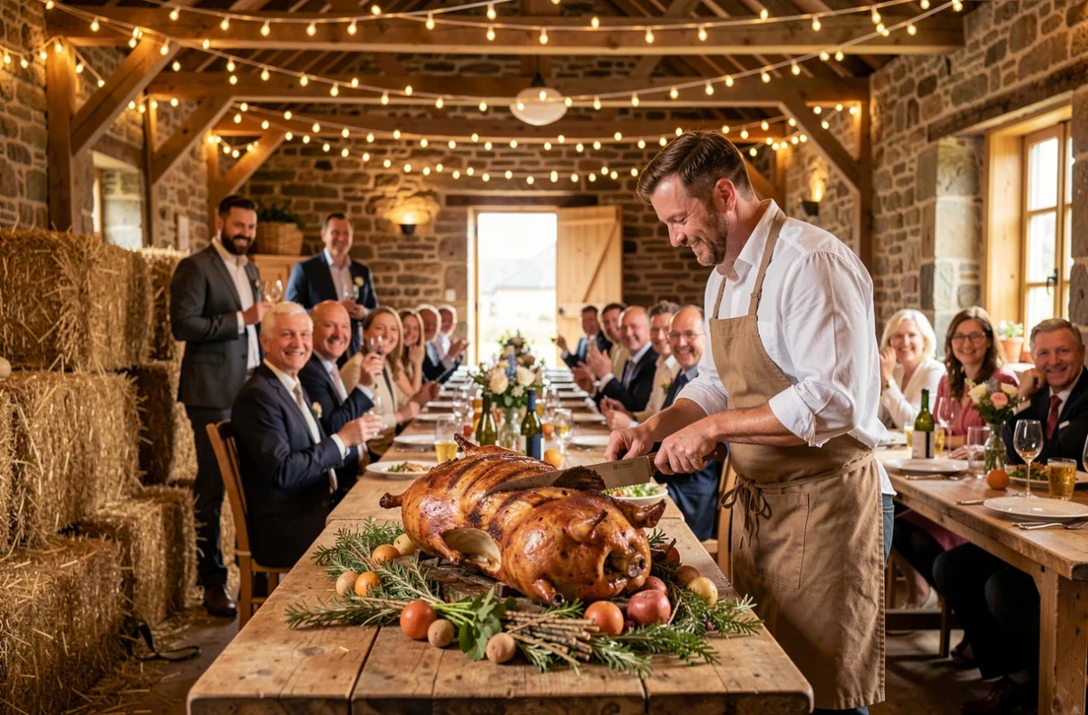Découpe d'un cochon rôti entier par Au Cochon Grillé Adoré lors d'un mariage dans une grange bretonne