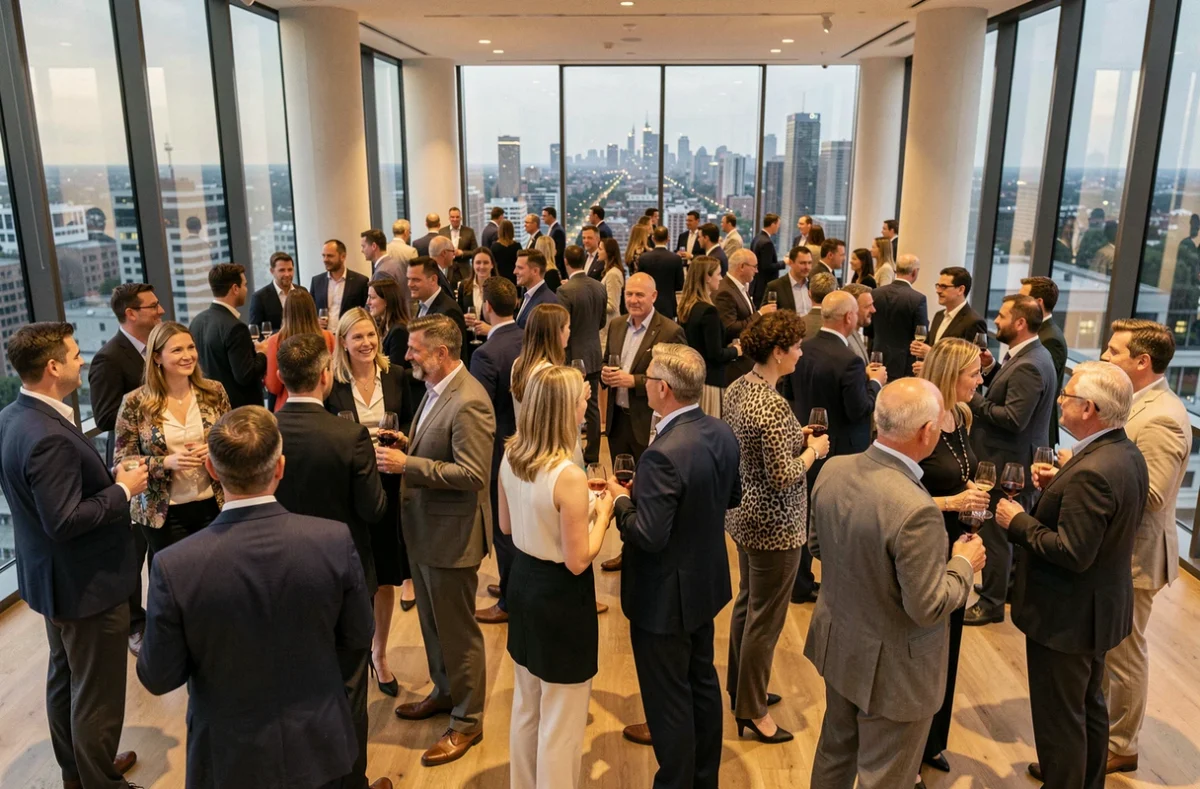 Invités en tenue professionnelle lors d'un cocktail de networking dans une grande salle événementielle moderne avec vue sur la ville