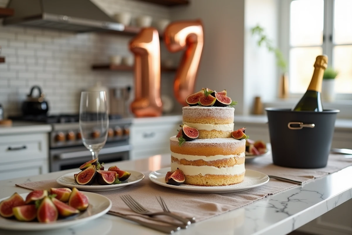 Coin dessert élégant pour anniversaire de 17 ans de mariage avec gâteau naked cake, champagne et arche de ballons cuivrés