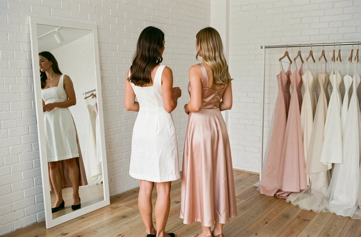 Deux femmes comparant une robe courte en lin et une robe midi en chiffon devant un miroir dans une boutique de mariage