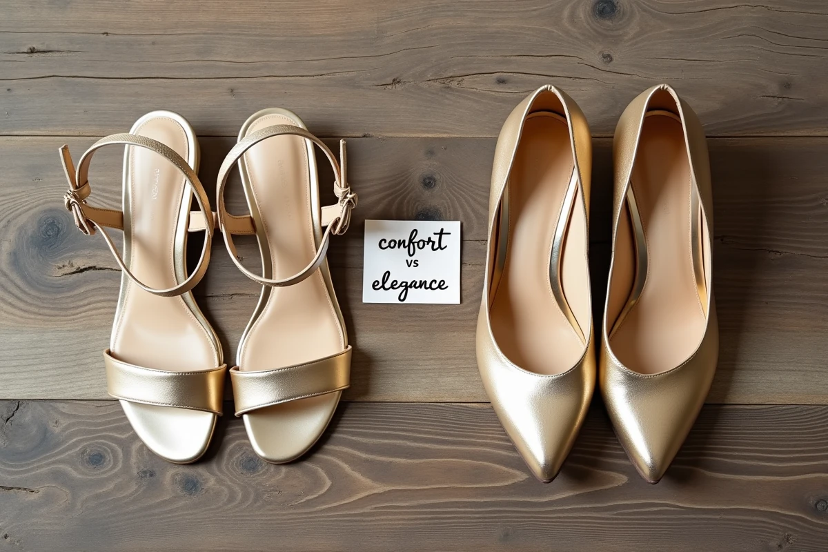 Comparaison entre sandales plates dorées et escarpins hauts talons or pour un mariage, vue de dessus