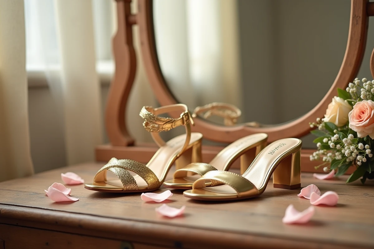 Comparatif de chaussures de mariée dorées posées sur une coiffeuse en bois lors de la préparation du mariage
