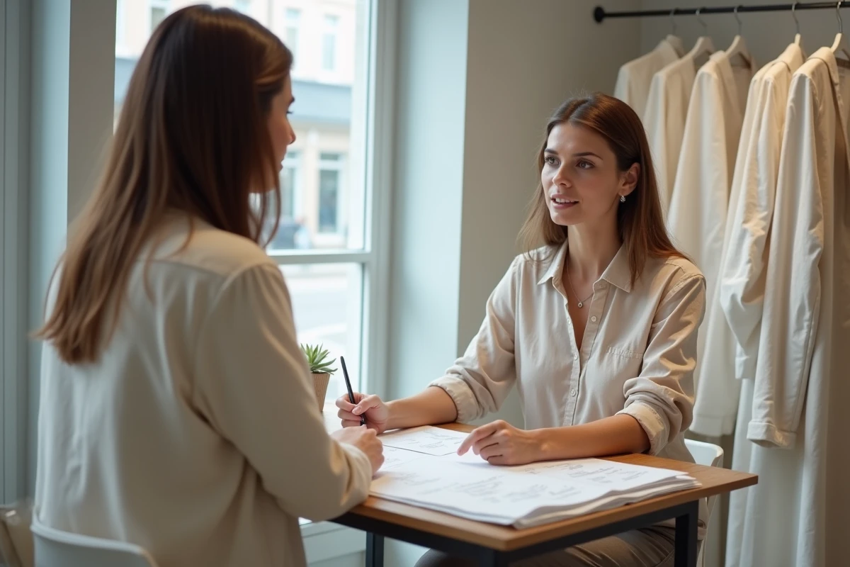 Femme en consultation avec une conseillère en robe de mariée, comparaison de tissus et de prix pour optimiser le budget mariage
