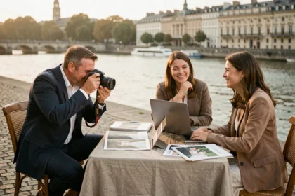 Photographe de mariage en consultation avec un couple à Lyon au bord de la Saône, portfolios et ordinateur sur la table