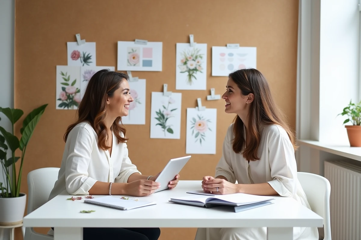Réunion de consultation entre une wedding planner et une future mariée autour d'un tableau d'inspiration dans un studio moderne